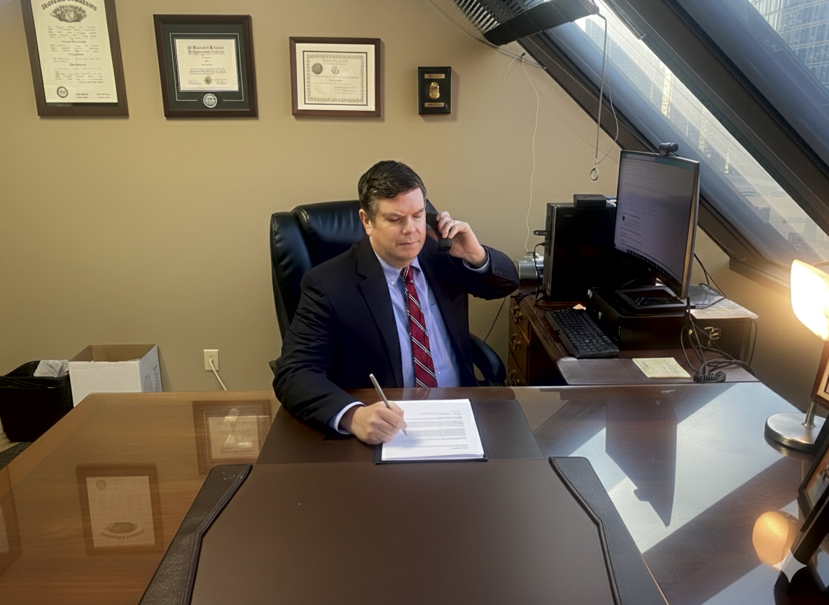 Lucky Lufkin working at his desk